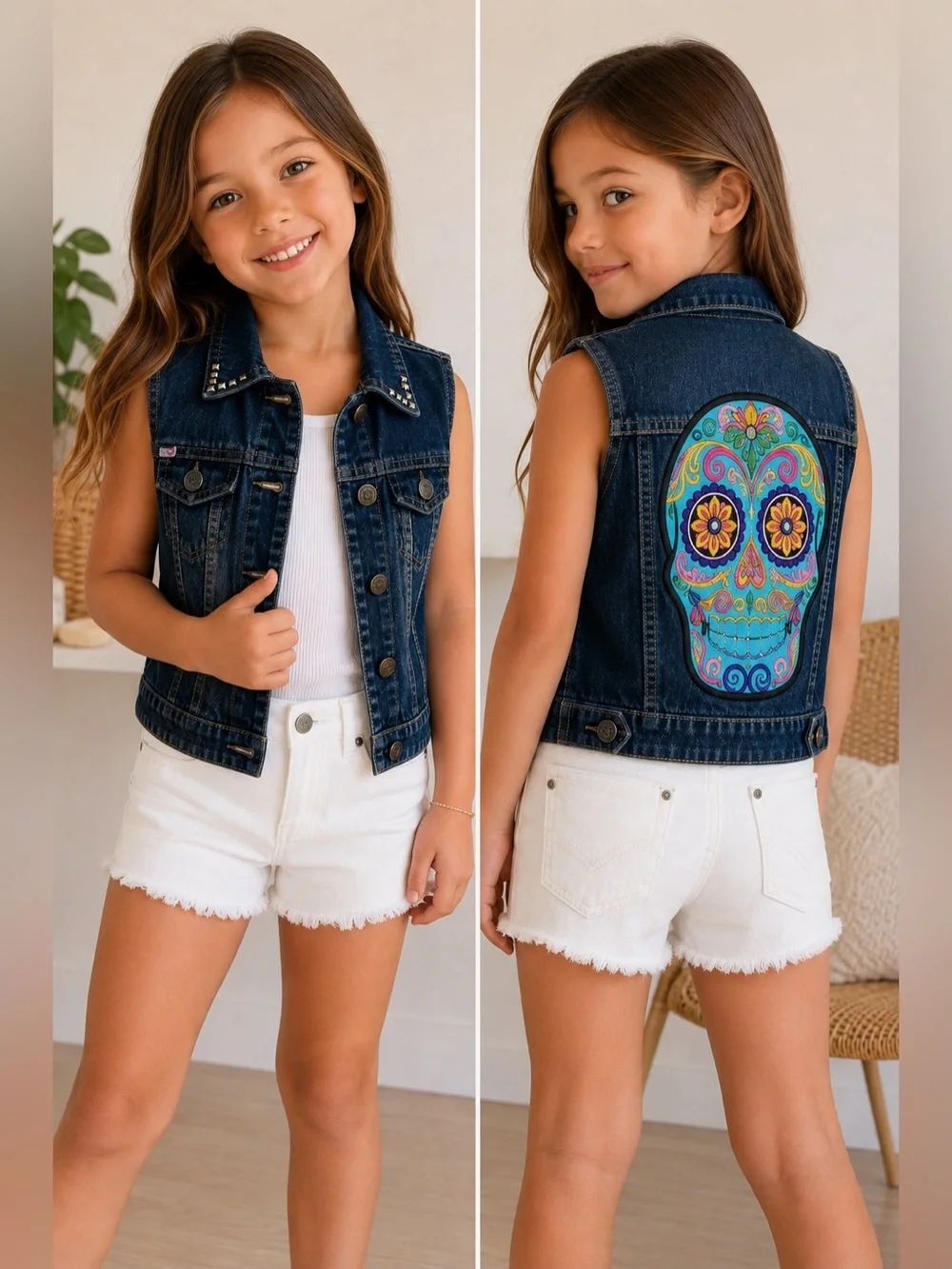 Cute & Sassy Girls Denim Vest Sugar Skull Embroidered Back Studded Collar Size 7